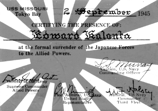 Every one of the Missouri’s crew received a card like this for taking part in the surrender in Tokyo Bay almost 59 years ago.