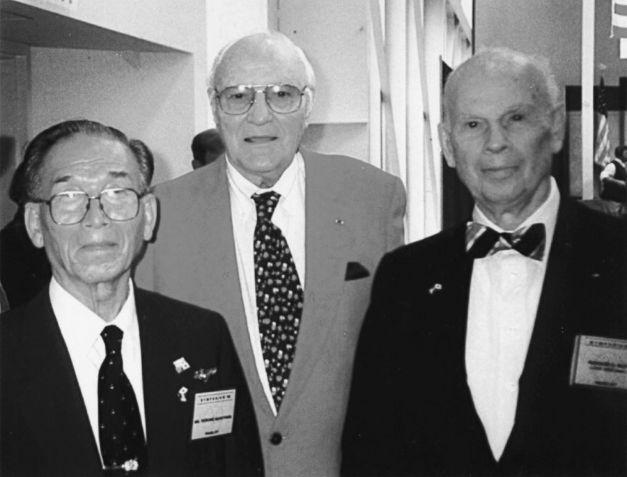 Taisuke Maruyama, a Japanese bomber pilot, torpedoed the Yorktown while flying off the carrier Hiryu. Bill Roy (center) was a U.S. Navy photographer who filmed the Battle of Midway and was part of the Yorktown’s salvage crew. Richard Best, was a dive bomber pilot who helped sink the Hiryu at Midway.