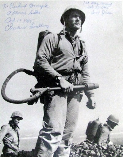 Cpl. Charles Lindberg carried a flamethrower. He was one of the six Marines who raised the first American flag over the historic Iwo Jima battlefield. Years later he was still unhappy about the lack of recognition the first flag-raisers received for their efforts. Photo provided by Dick Honyak