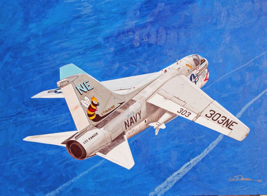 Lt. Comdr. Barton Creed was shot down over the Ho Chi Minh Trail in an A-7 fighter-bomber like the one pictured. He survived the ejection from the jet plane and was last heard from by the unsuccessful rescue party that tried to pluck him from the Laos jungle.This art courtesy of Lou Drendel of Venice, Fla. who specializes in painting pictures of American military aircraft. For more of his paintings see: www.aviation-art.net/