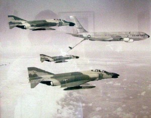 This photo shows some of Scarff's F-4s fueling at the rear of a 707 refueling tanker over Vietnam War during the 1960s. Photo provided