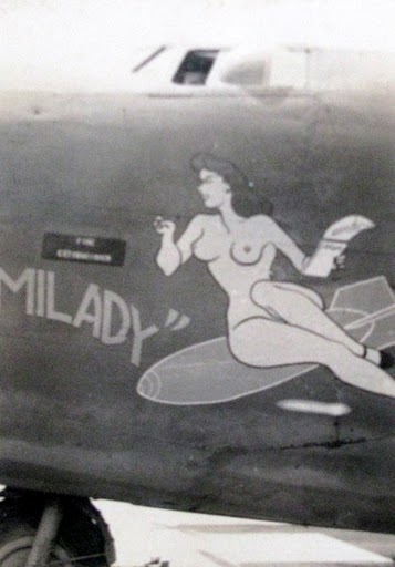 "Milady, perched atop a bomb, an attention-getter on the nose of a B-17 Flying Fortress omber in the South Pacific. Photo provided