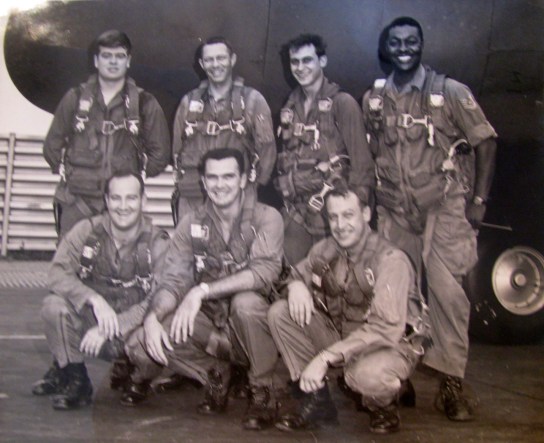 This is Lt. Col. Ron Dudley's C-130A transport crew when he was flying secret missions into Thailand from the Royal Thai Air Force base in Thailand in 1967 during one of his three deployments to Vietnam. He's the fellow in the center squatting with dark hair. Photo provided