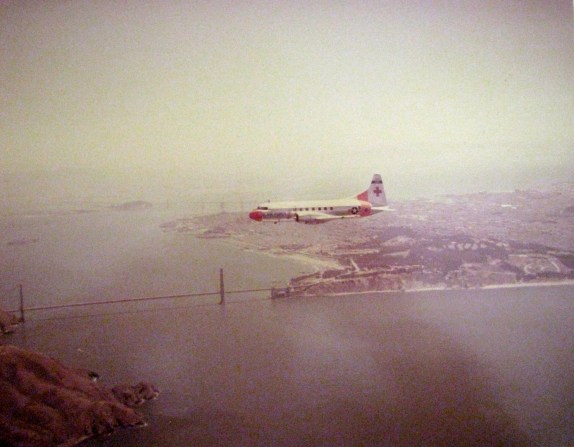 1st Lt. Jean Carr was aboard this C-131 "Super COnstellation" serving as a flight nurse on this Air Force transport taking wounded soldiers home. They're flying over San Francisco Bay with the Golden Gate Bridge below. Photo provided by Jean Carr