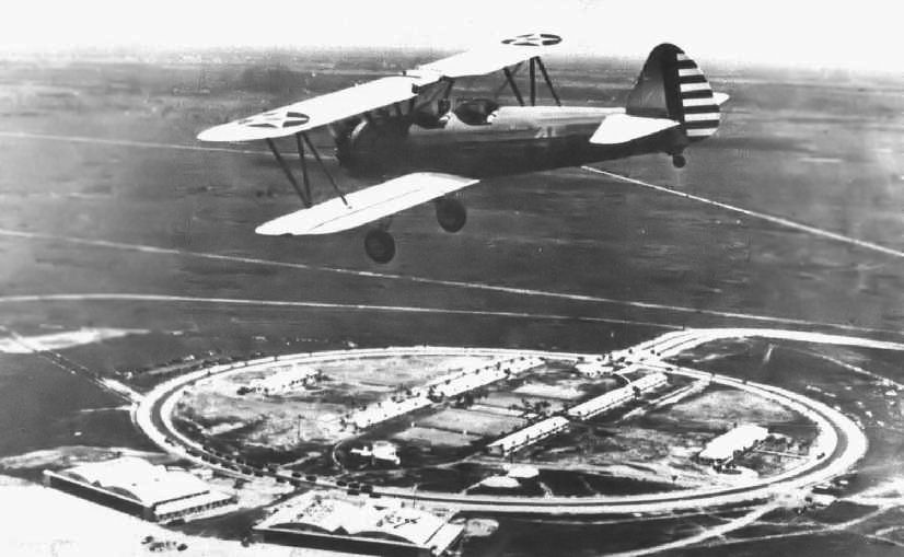 Maj. George Ola circles his Stearman biplane trainer over Carlstrom Field in Arcadia in 1942. This is the field where Don Bunger trained to be a fighter pilot during the closing days of World War II. Photo United States Army Air Force
