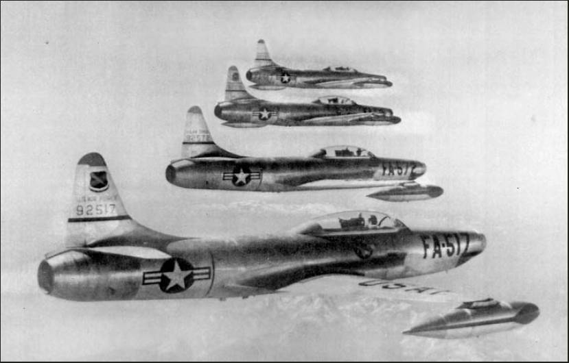 Hal Johnson was flying the F-94 all-weather interceptor in the foreground. He provided cover for B-29 bombers and flew fighter interceptor missions in all kinds of weather during the Korean War in one of these jets. Photo provided