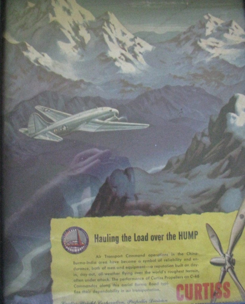 This is a painting of a C-46, twin-engine transport flying the Himalayas dividing India and China during World War II. This is the kind of airplane Lightfoot flew most of the time during the Second World War. Photo provided