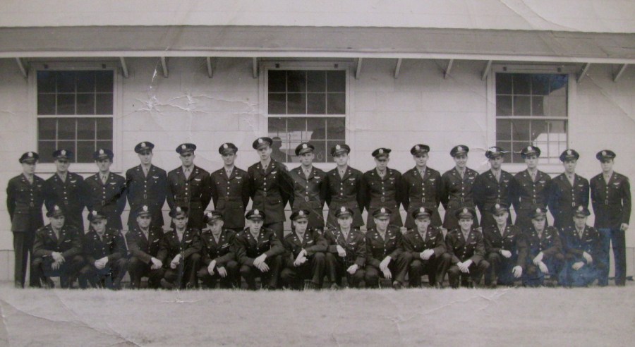 This is he graduating class at Lubbock, Texas  in early March of 1944 for he Advanced Twin Engine Group. Rebel is in the back row seventh from the left. Photo Provided