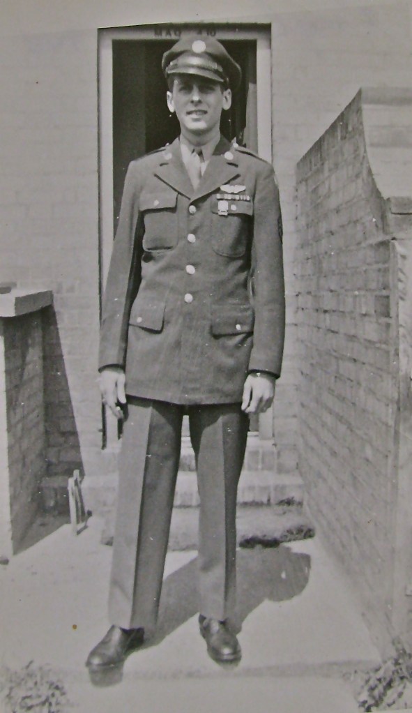 Wes Belleson is pictured in England during World War II when he flew as the tail gunner on a B-24 