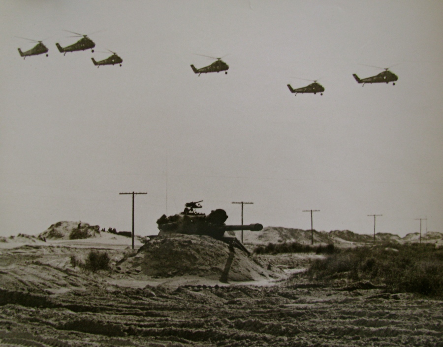  Marines were playing amphibious landing war games. A tank holds a beach while a squadron of H-34 Sikorsky helicopters, like the kind Jasica flew, flies overhead. Photo provided