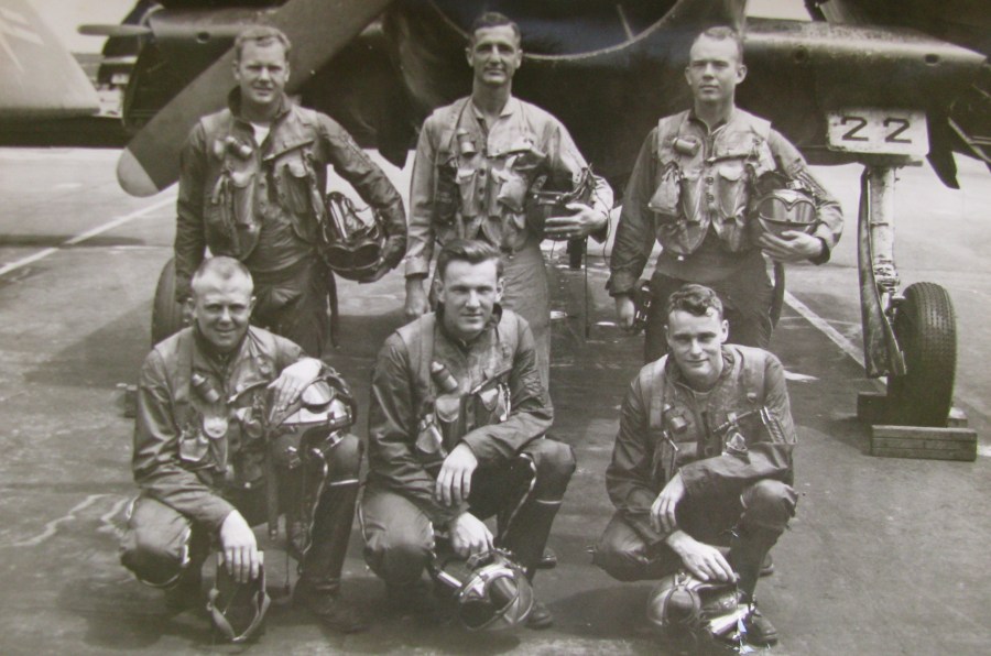  This was Jasica's F6F jet fighter training squadron at Corpus Christie, Tex. He is the pilot squatting in the center. Photo provided