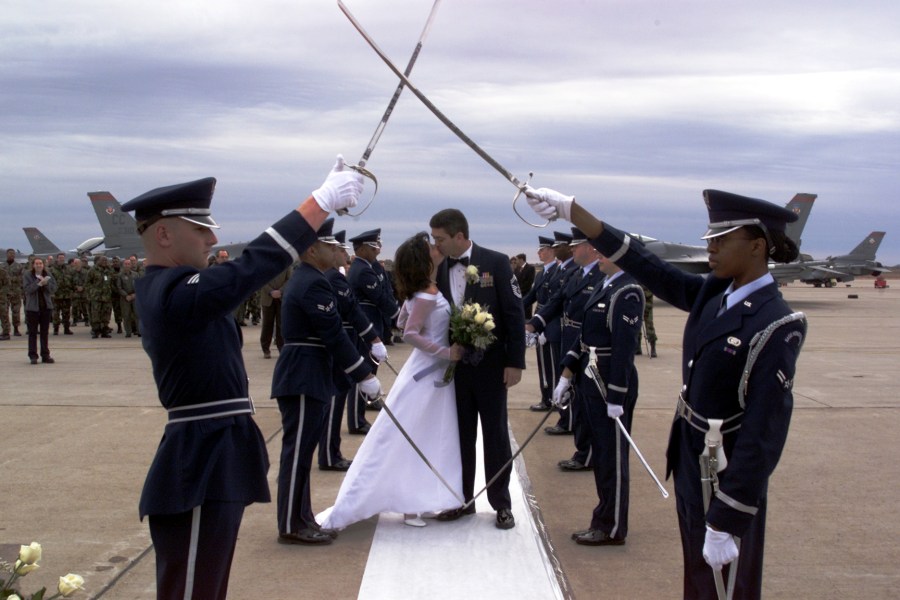  It was a formal affair when Sgt. Terry Keene married his wife, Rolanda, on Valentine's Day 2001 on the tarmac at Cannon Air Force Base near Clovis, N.M. Photo provided 