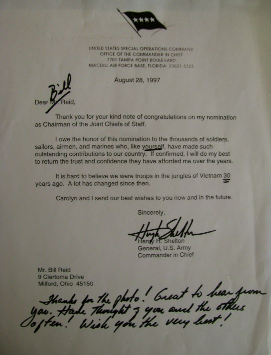 When Reid received this letter from Gen. Hugh Shelton he had just been appointed Chairman of the Joint Chiefs of Staff, the highest ranking officers in the U.S. military. Photo provided