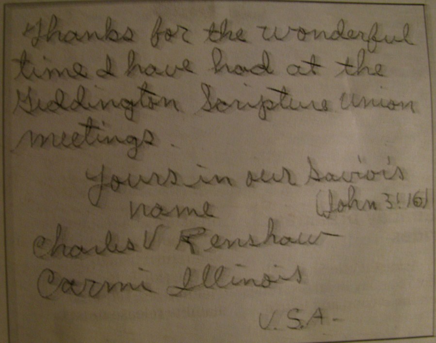 This is the note Staff Sgt. Charles Renshaw gave Peter Brown just before he left England for American in 1945. It was spotted on the internet by Charles' niece. 