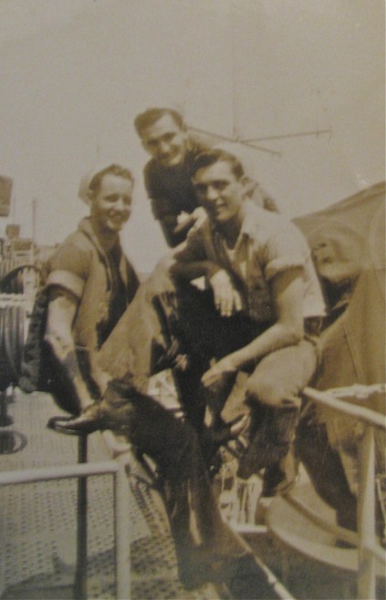  Medina is on the left with two of his buddies aboard the light carrier USS Wright shortly after graduating from boot camp shortly after World War II. Photo provided