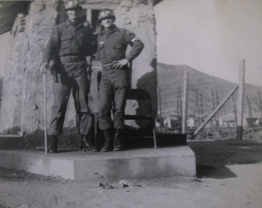 Pfc. Mercurio (on the right) with a buddy was made an MP overnight and given the task of guarding the a POW camp built to house North Korean POWs on Kobe-Do Island off the coast of South Korea. The camp held no POWs, they had all been released. Photo provided