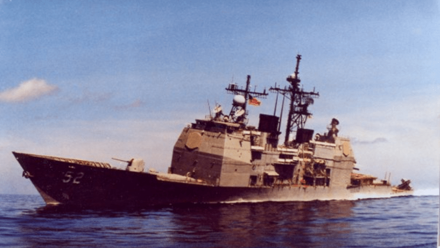 This is the Bunker Hill, the first guided missile cruiser to fire