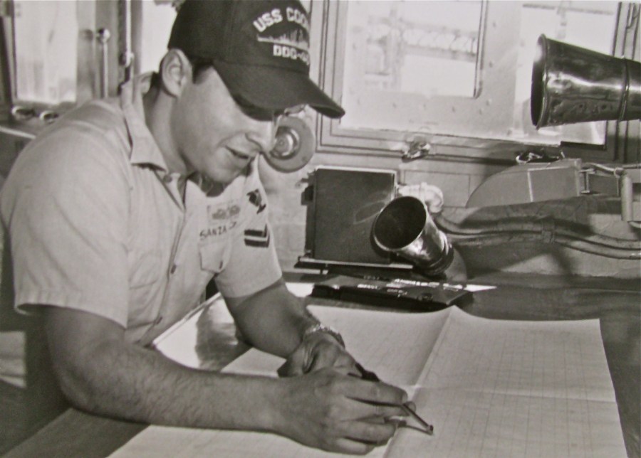 Sanzalone was a young quartermaster aboard the destroyer USS Coontz (DD-640) in 1983 when this photo was taken. He was plotting the ship's course at the time. Photo provided