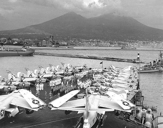 This picture was shot from the bridge of the Independence while the ship was moored in Naples Harbor. Vesuvius is the backdrop for the scene. Photo provided