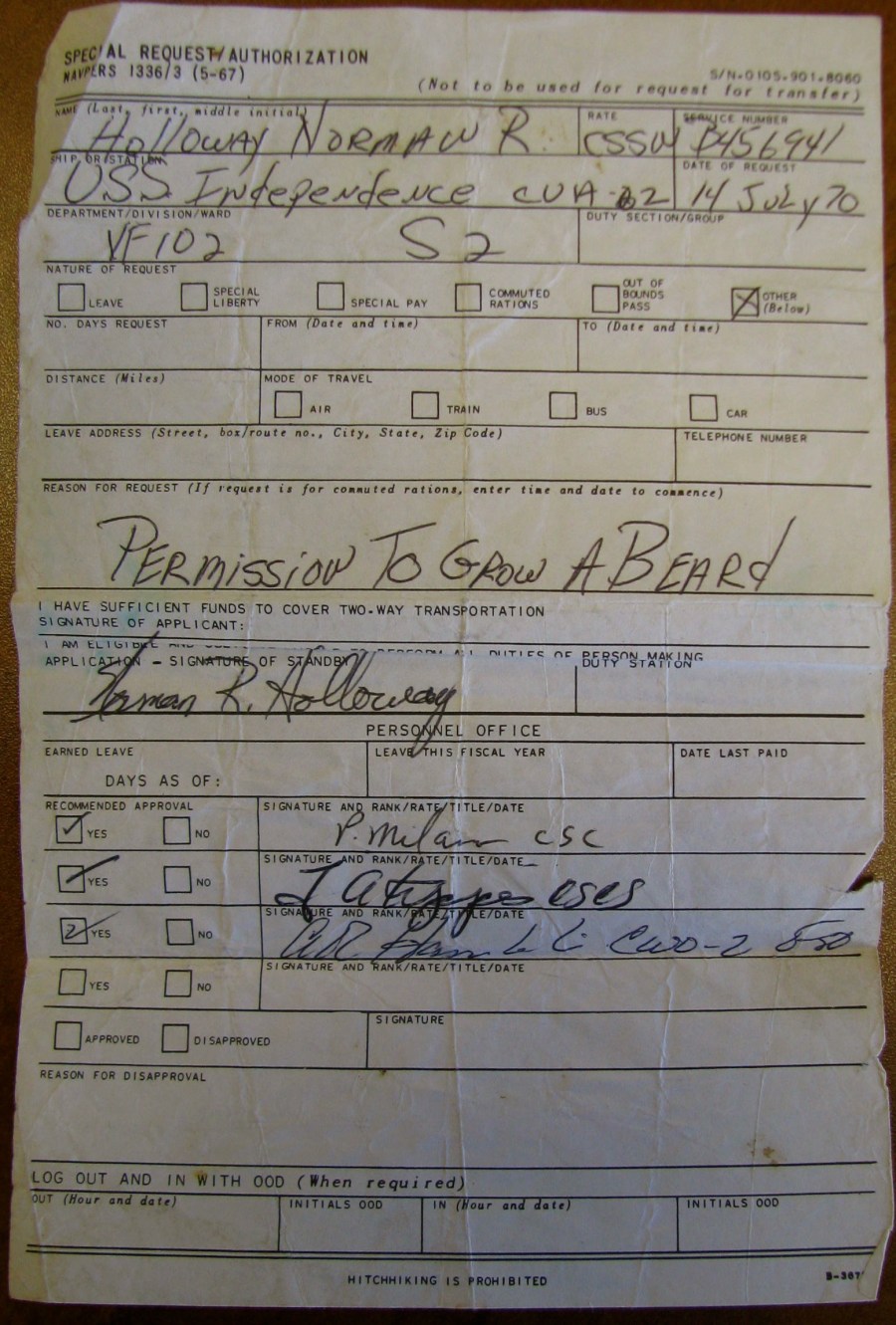 This was Holloway's request to grow a beard. The Navy didn't just allow you to grow one, you had to ask permission. Sun photo by Don Moore