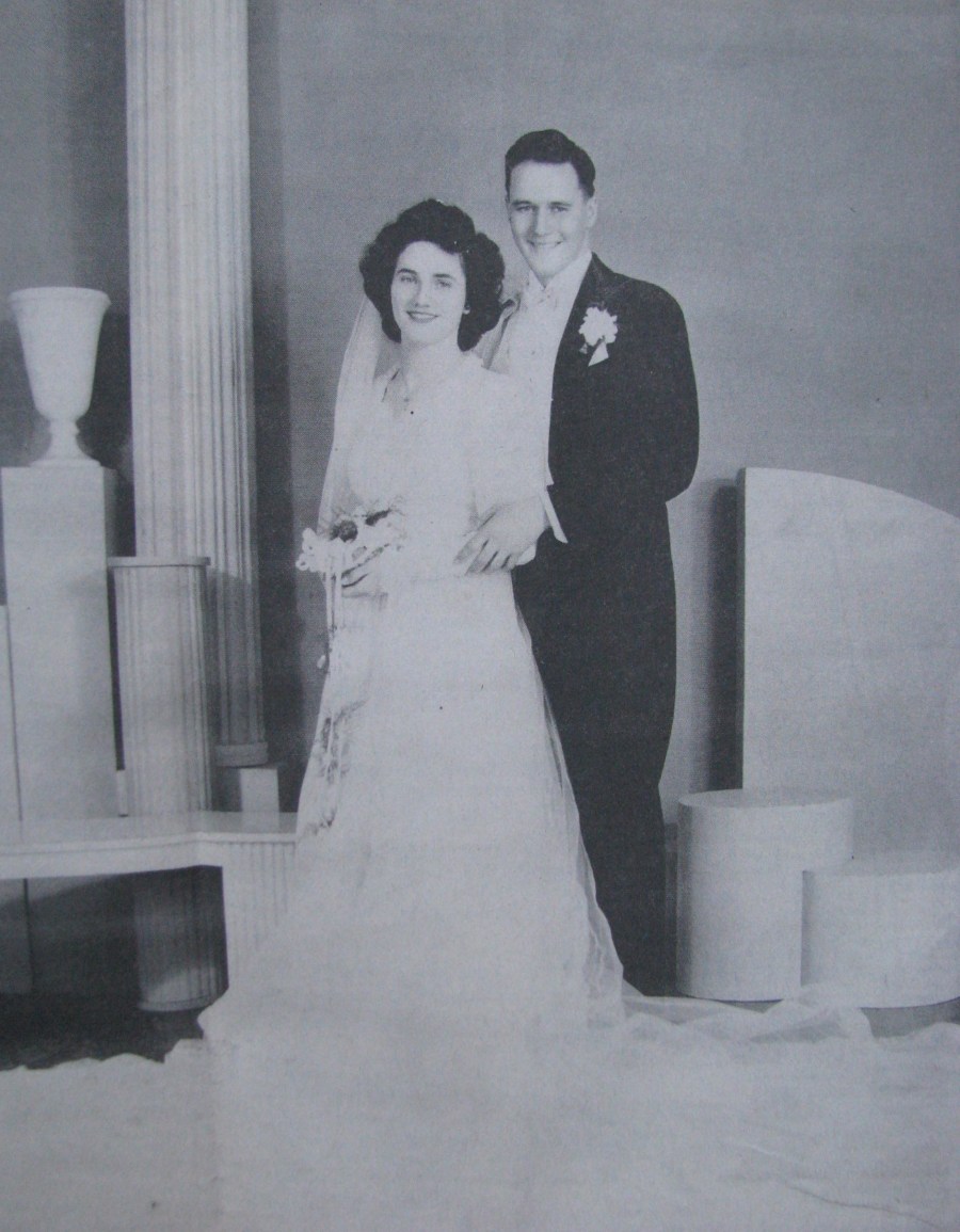 Kate and Bill Bingham were married Feb. 16, 1946 at St. Agnes Catholic Church in Chicago. She is wearing a wedding dress made from the silk parachute that saved his life during World War II. Photo provided