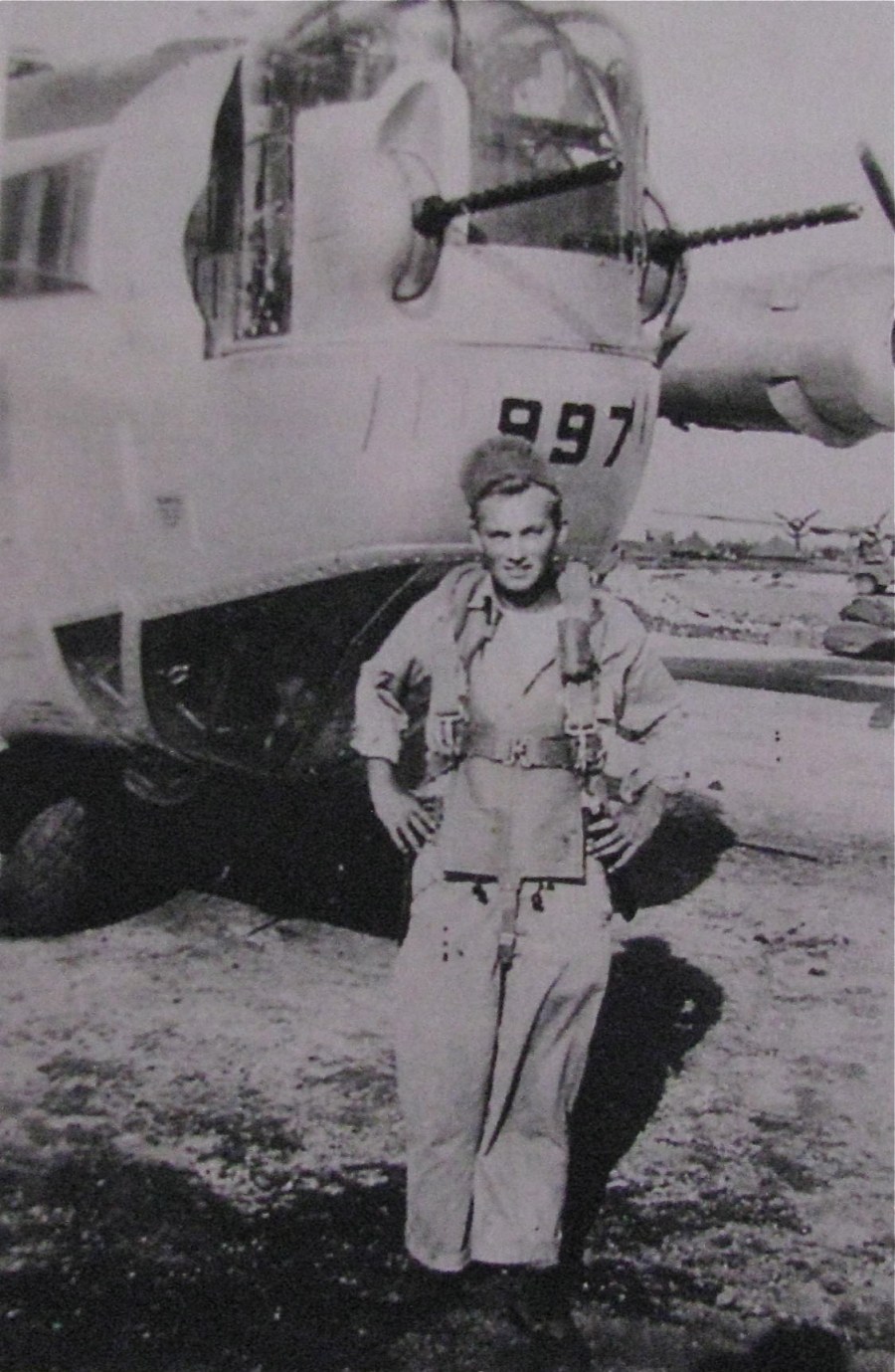 Sgt. Stowell stands in front of "Lucky Strike," the B-24 four-engine bomber he flew in, somewhere in the Pacific Theatre of Operation six decades ago. Photo provided by Giff Stowell