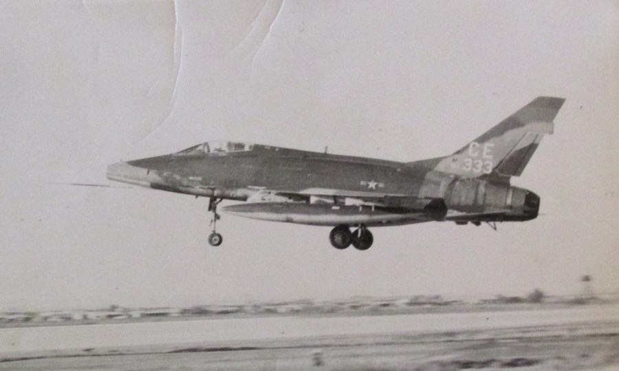 An F-100 North American Super Sabre is airborne at Bien Hoa Air Force Base at Vietnam. This was the kind of jet Freeman served as weapons specialist on. Photo provided
