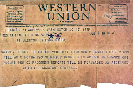 Sad tale: Pvt. William McWha's mother received this telegram from the Army shortly after he was wounded in Europe the first time. The old soldier says he can imagine the grief the wire put his mother through.