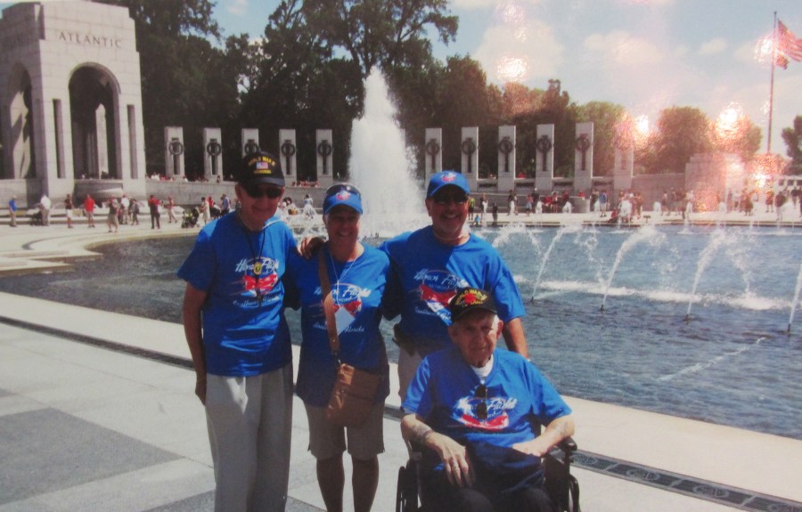  Jones is standing at the far left in front of the World War II Memorial on the Mall in Washington, D.C. He was part of the Southwest Florida Honor Flight that took the one-day trip to the capital on June 14, 2014. Photo provided