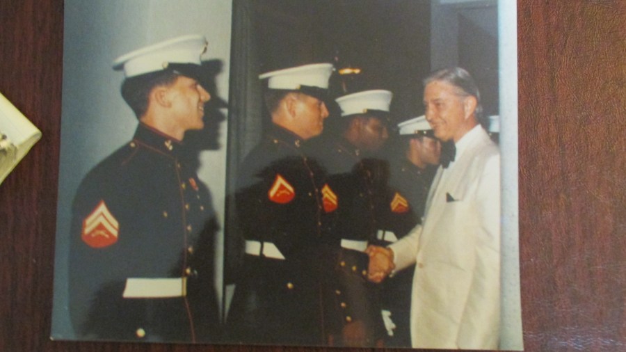 Lance Cpl. Randy Smith of Venice shakes hands with Ambassador Graham Martin during the Marine Corps Birthday Ball at the American Embassy in Saigon on Nov. 10, 1974, a year before the United States pulled out of the Vietnam War. Photo Provided