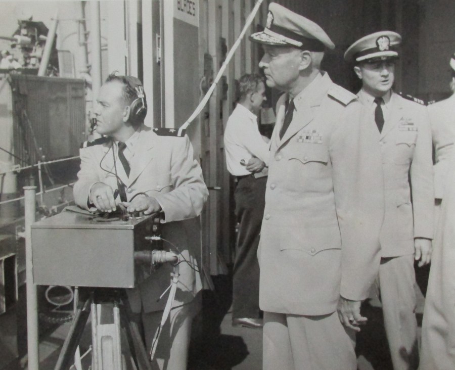  Ensign Julian (far left) at the controls of a drone helicopter aboard the USS Hazelwood (DD-531) in the 1960s. Photo provided 