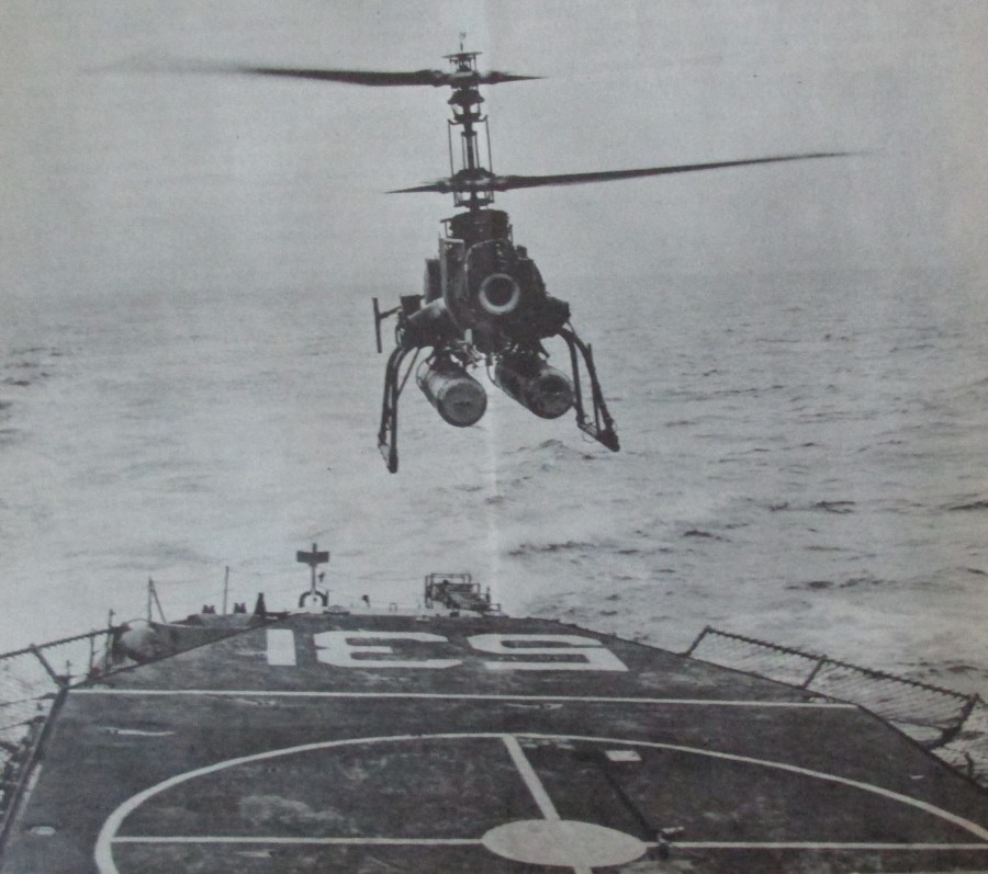 A QH-50 drone helicopter built by Gyrodyne Corp. lands on the helopad of the USS Hazelwood during a trial run in the 1960s. Photo provided