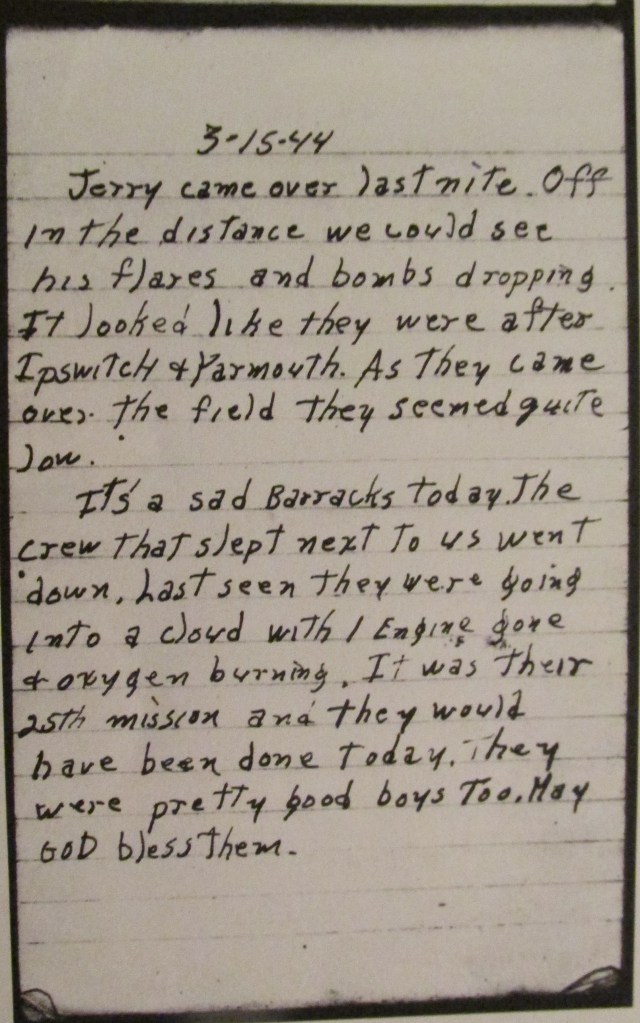 Bates' notes tell a sad tale about his buddies, who slept next to him, being shot down in flames and killed during a mission in their B-17 bomber flying over Nazi-occupied Europe during World War II.
