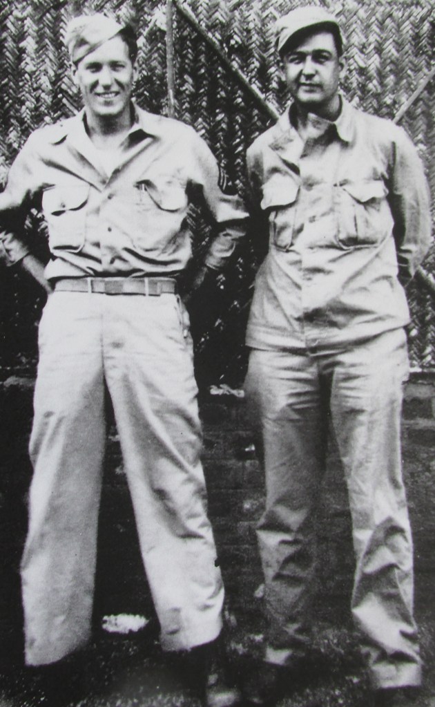 Langley (left) stands with his buddy Bob Wilcox of Pittsburgh, Pa., a radar operator on a B-29 bomber who also served in the 894th Bomb Group, 20th Air Force with him. They flew out of Sula Air Base in India. 