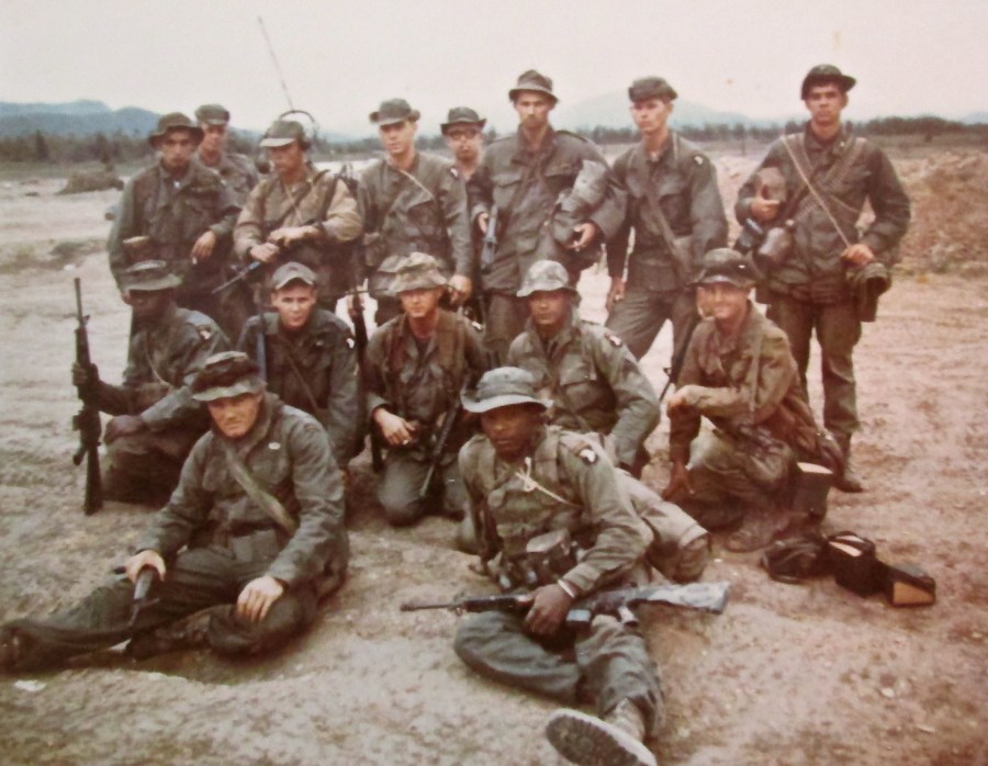 This was Sgt. McConnell's squad in Vietnam in '68. They were part of B-Troop, 2nd Squadron, 17th Cavalry, 101st Airborne Division. He is the soldier at the far left sitting on the ground in the left front. Photo provided