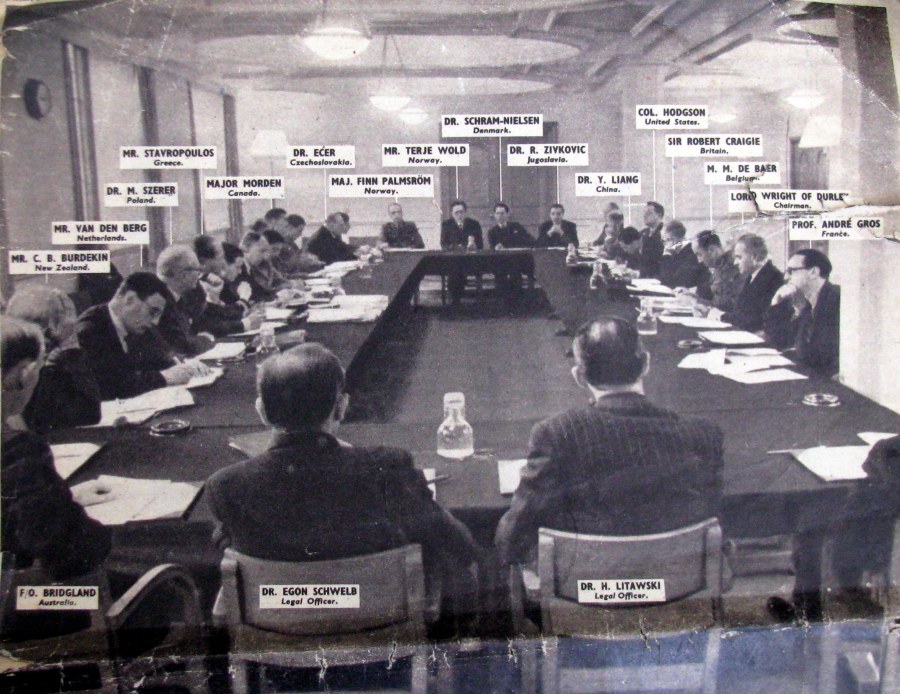  This is a picture of the War Crimes Commission meeting in London in 1945, before the start of the Nuremberg War Crimes Trials. Sixteen countries whose people suffered genocide from Axis forces comprised the members. Lyman ran the meeting as Acting Secretary General. Photo: Picture Post Dec. 1, 1945