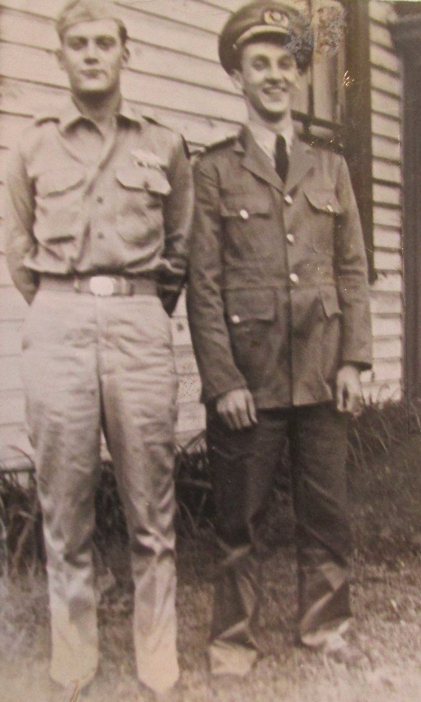 Glenn Meyers of North Port (right) in his Merchant Marine uniform and his older brother, Elmer, who wintered in Englewood, are pictured outside their parents' Elizabeth, Pa. home at the end of World  War II. Elmer served a few months as a German POW after the Battle of the Bulge. Photo provided