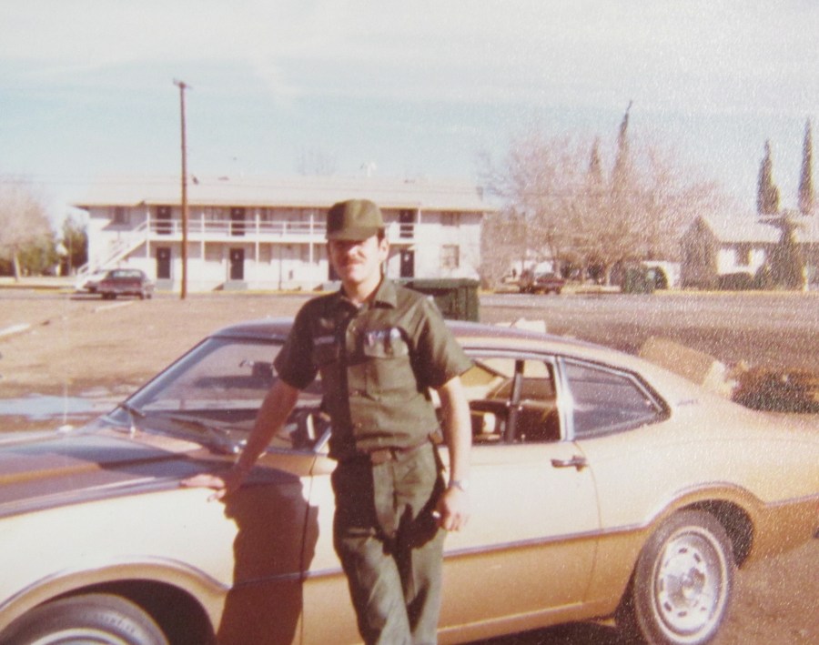 Airman Raymond stands in front of his new set of wheels at George Air Force Base in California where he was a crew chief in an F-105 “Thunderchief” jet fighter squadron in the 1970s. Photo provided 