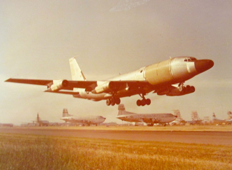  An RC-135E, converted tanker climbs into the sky from Shemya Air Force Base in the Aleutian Islands off the coast of Alaska. The plane had a highly classified radar system used by the U.S. Air Force to spy on the Russian missile program. Howard flew as an electronic warfare officer. Photo provided