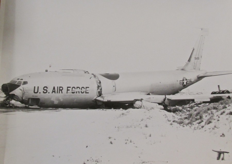  It was a close call for the crew of “Cobra Ball” when it skidded off an icy runway at Shemya and down a 40-foot embankment. Neither Howard nor any of the other crew-members were injured in the crash. Photo provided