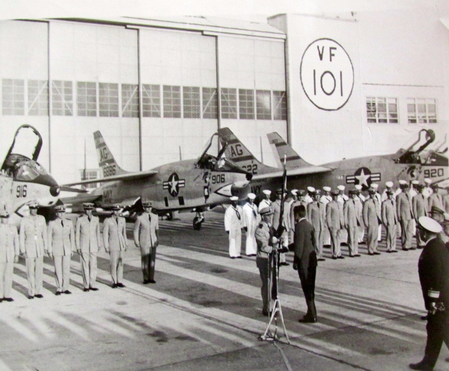 President John F. Kennedy presents Light Photographic Squadron 62 with a “Presidential Unit Citation” for capturing a low altitude picture of the Russian nuclear missiles in Cuba during the “Cuban Missile Crisis” in 1962. The presentation was made at Boca Chica Naval Air Station in Florida. Photo provided