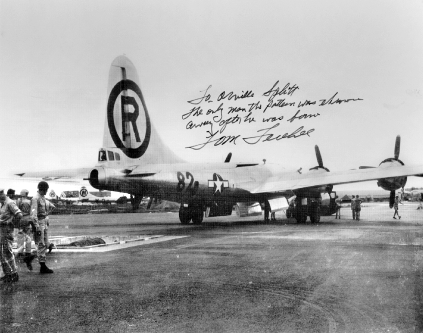 The ‘Enola Gay” sits on the runway on Tinian Island just before its flight to Hiroshima. Note Paul Tibbets, the pilot’s; Tom Ferbee, the bombardier’s; and Duke Van Kirk, the navigator’s signatures at the bottom of the picture. Tibbets and his crew were part of the 509th Composite Group, a special unit that trained for a single bombing mission.